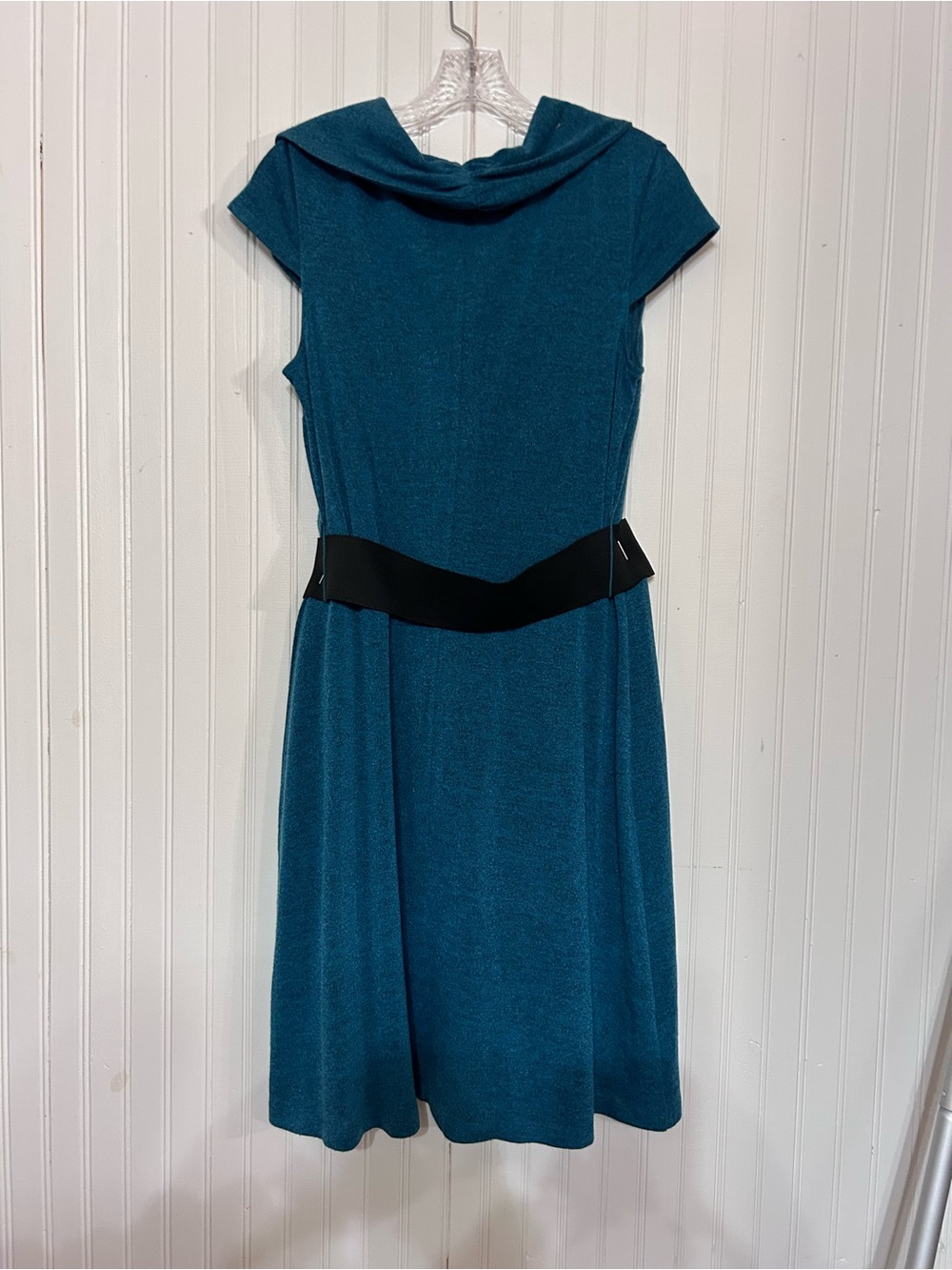 Teal Cap-Sleeve Midi Dress with Black Waistband